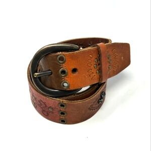 FOSSIL GENUINE LEATHER PATCHWORK BELT BROWN GREEN TAN BRASS STUDS WOMEN LARGE